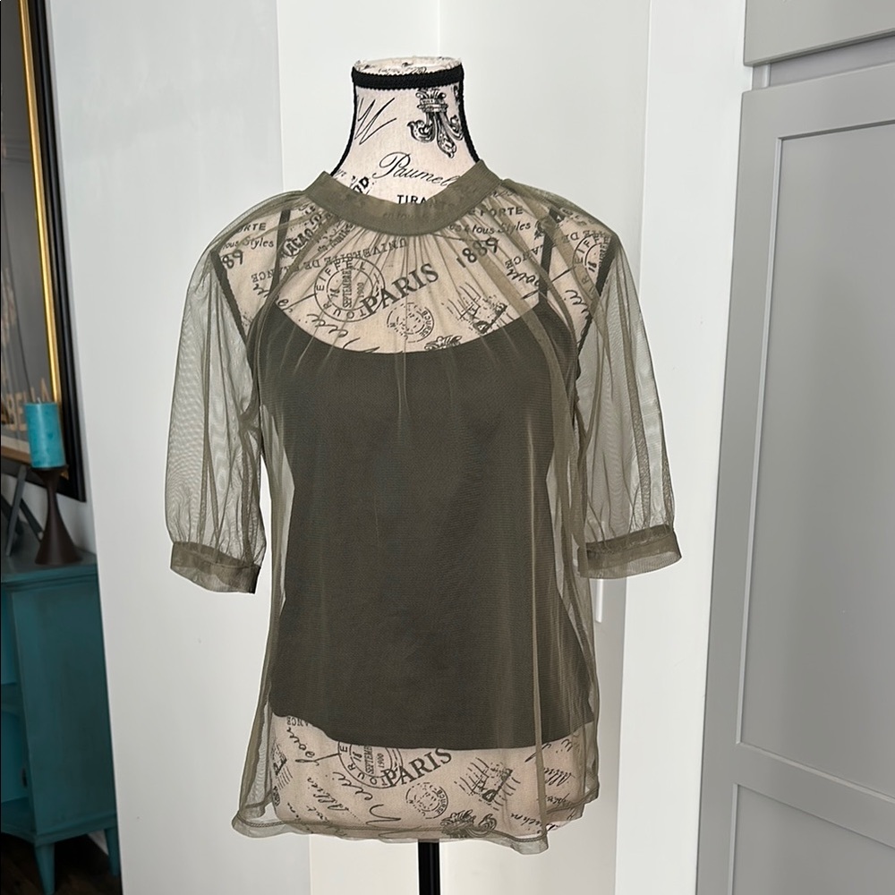 Sheer Olive Green Women's Top with Black Tank Top by DKNY Size XS